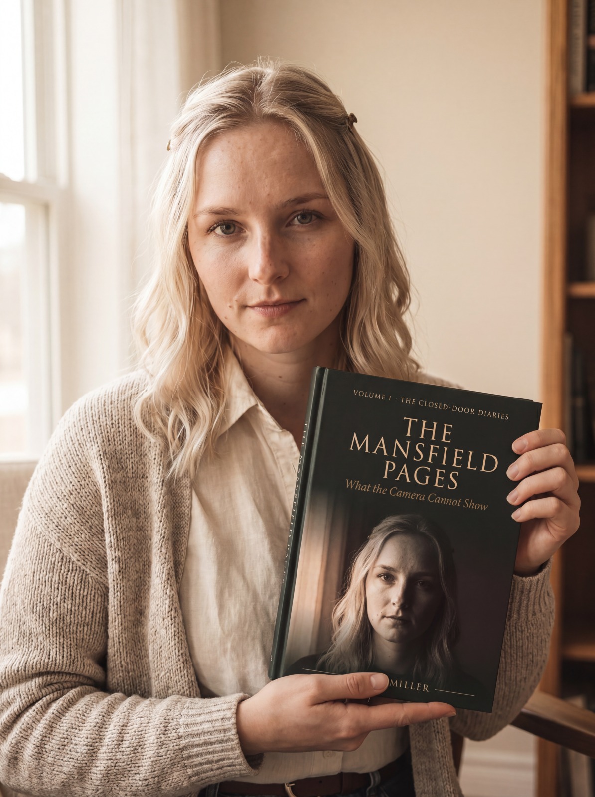 Sarah Miller holding her memoir, The Mansfield Pages