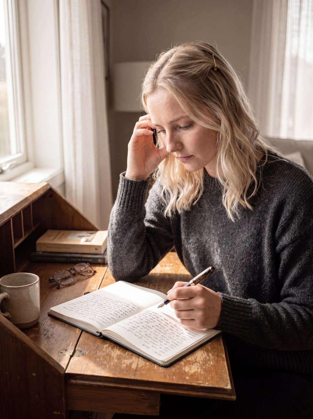 Sarah Miller writing the third notebook at her desk